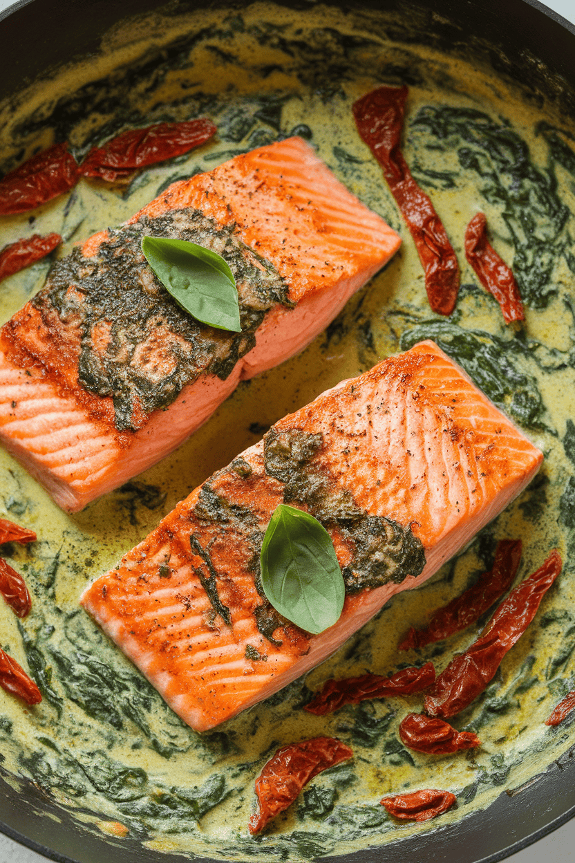 Indoor photo of seared salmon fillets in a skillet of creamy spinach and sun-dried tomato sauce, garnished with fresh basil. No raw fish, no text, no logos.