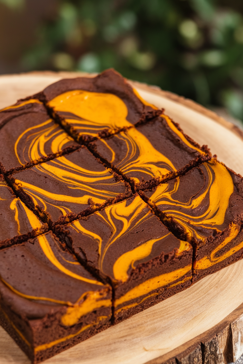 An indoor close-up of fudgy chocolate brownies swirled with pumpkin batter, cut into neat squares; no text or logos. Photo.</Prompt