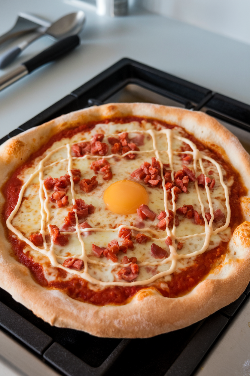 Indoor stovetop photo of a pizza drizzled with egg yolk and strands of Alfredo sauce forming a web over pancetta bits. Photo only, no text or logos.