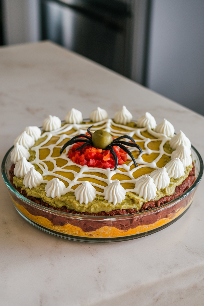 A glass pie dish on an indoor countertop layered with refried beans, guac, salsa, and cheese, the surface piped with sour-cream webs and an olive “spider.” No text or logos. Photo, not illustration.