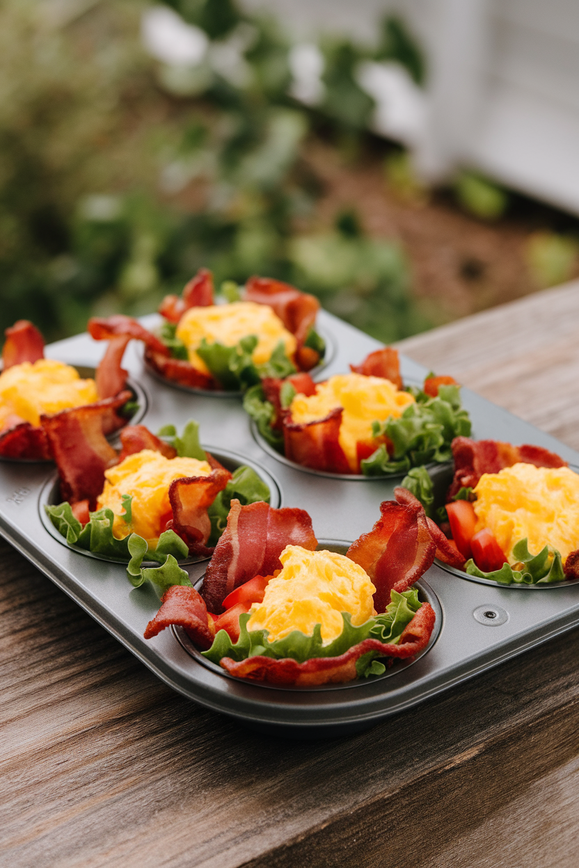 Indoor muffin tin holding several bacon-lined cups filled with lettuce chiffonade, diced tomato, and a soft scrambled egg center. No text or logos.