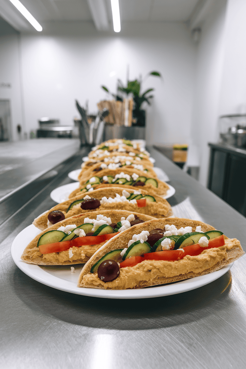 Photo of an indoor lunch counter featuring halved pita pockets stuffed with hummus, cucumber ribbons, tomato slices, olives, and crumbled feta. Bright indoor lighting, no text or logos present.