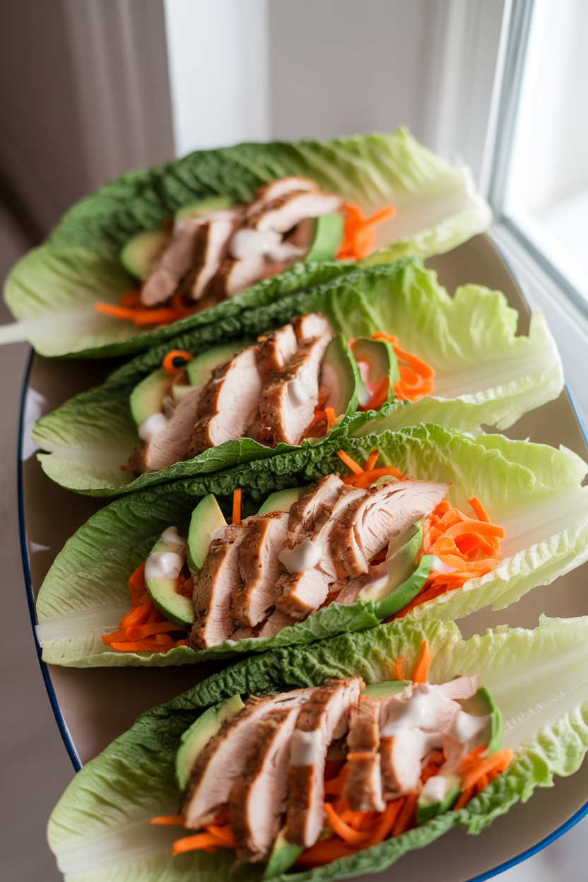 Indoor photo of crisp romaine leaves laid out on a plate, each filled with sliced roasted turkey, avocado ribbons, shredded carrots, and a light yogurt drizzle. Soft natural window light, no text or logos.