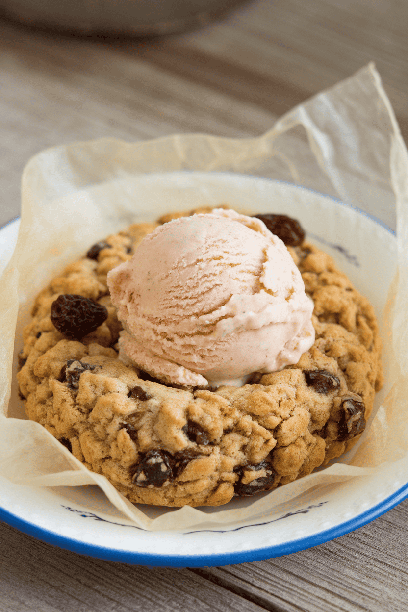Indoor photo of chewy oatmeal raisin cookies filled with cinnamon ice cream, wrapped in parchment, no text or logos