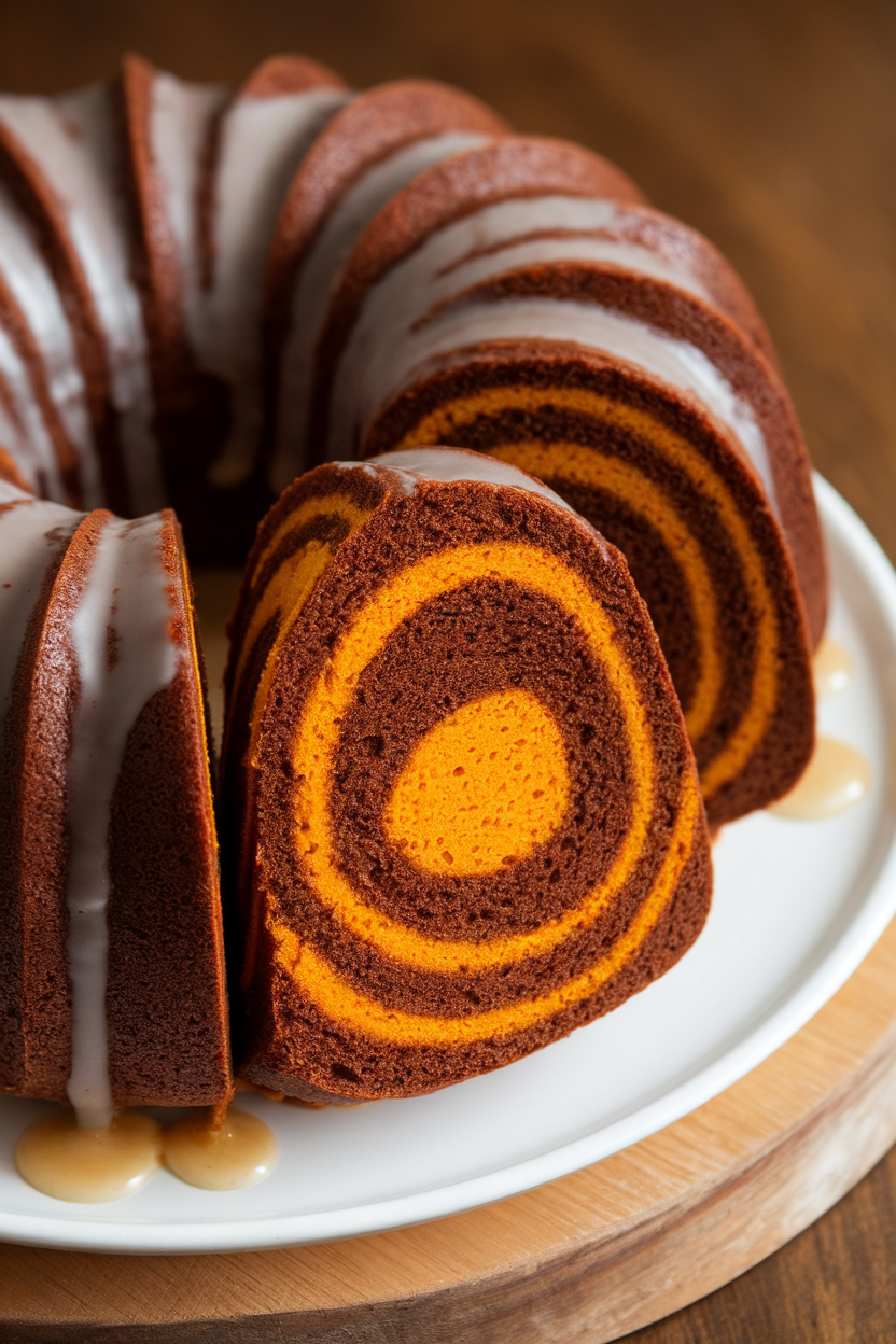 Indoor photo of a Bundt cake sliced to reveal chocolate and pumpkin swirls, light glaze drizzled on top. No text or logos.