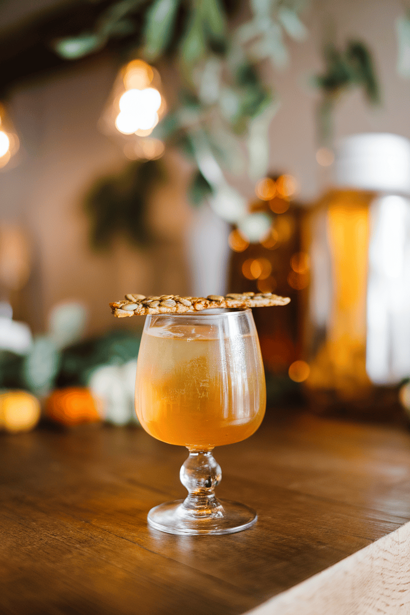 Indoor farm-chic bar featuring a small Nick & Nora glass of translucent orange digestif, tiny pumpkin seed brittle shard balanced on rim; no logos, photo.