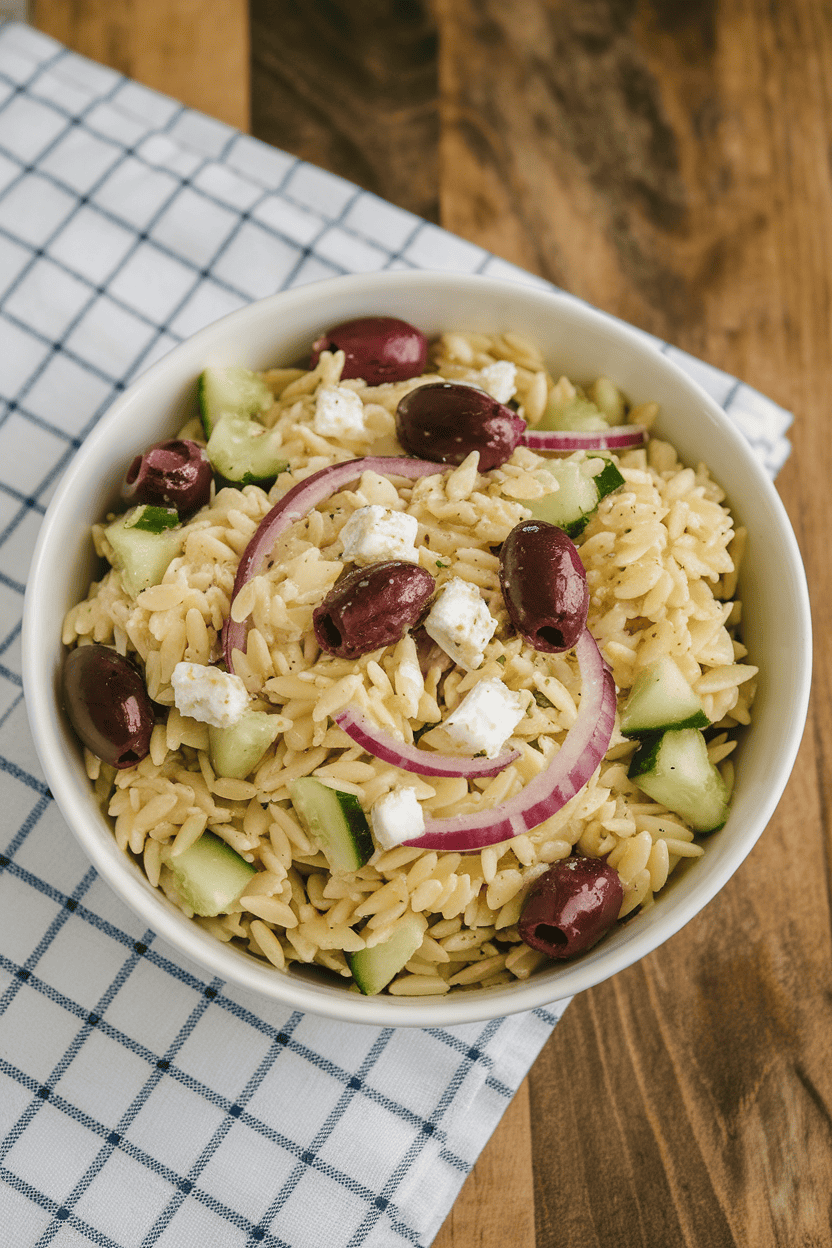A bowl on an indoor table filled with orzo pasta, diced cucumber, kalamata olives, red onion, and feta cheese tossed in lemon vinaigrette. No text or logos; photo only.