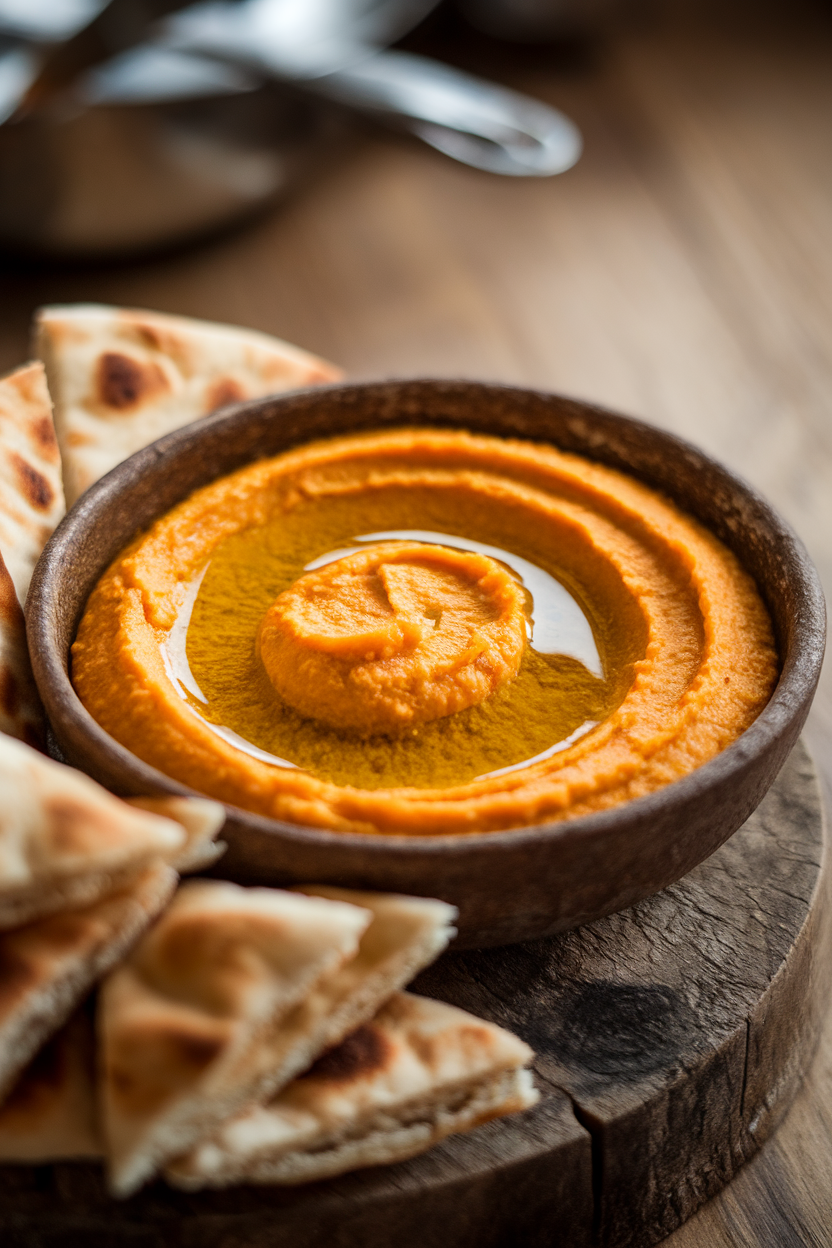 An indoor coffee table spread with a rustic bowl of bright orange hummus, a swirl of olive oil on top, triangles of warm pita nearby. No text or logos. Photo, not illustration.