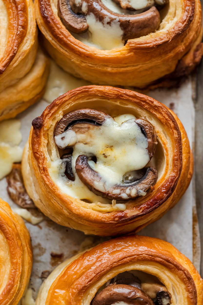 An indoor baking tray with spirals of puff pastry showing sautéed mushrooms and melted gruyère inside, golden and flaky. No logos or text. Photo only.