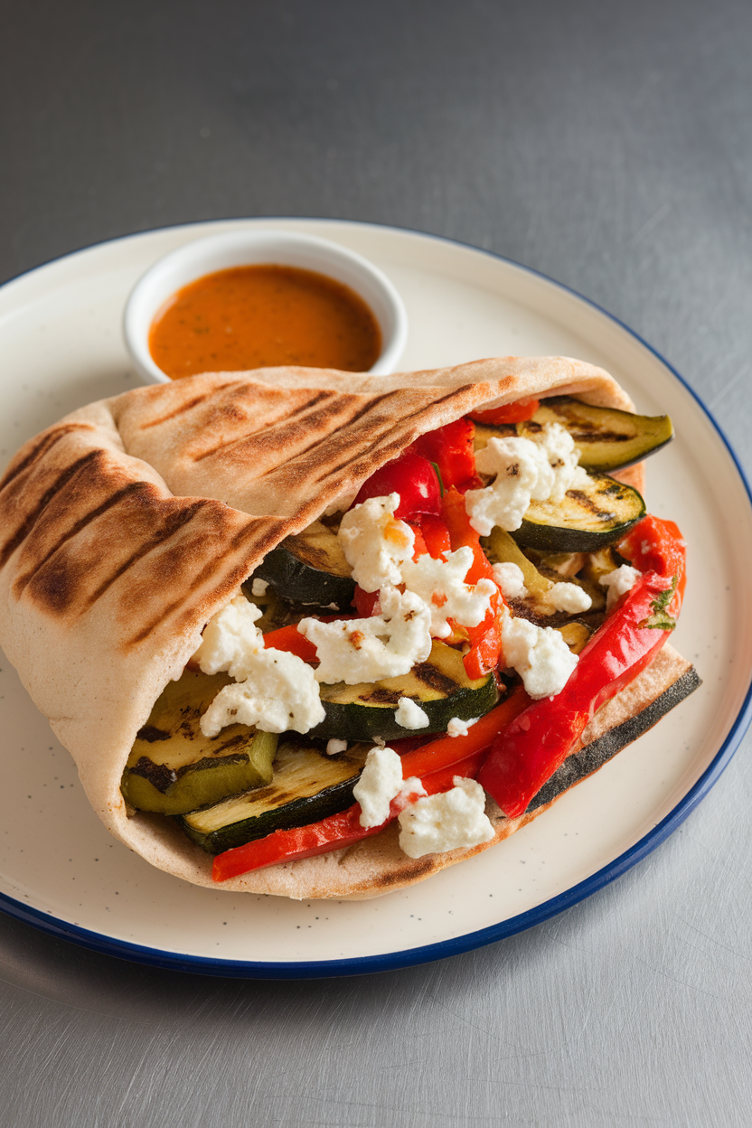 Indoor plate with a warm pita pocket stuffed with grilled zucchini, peppers, and creamy goat cheese crumbles. No text or logos.