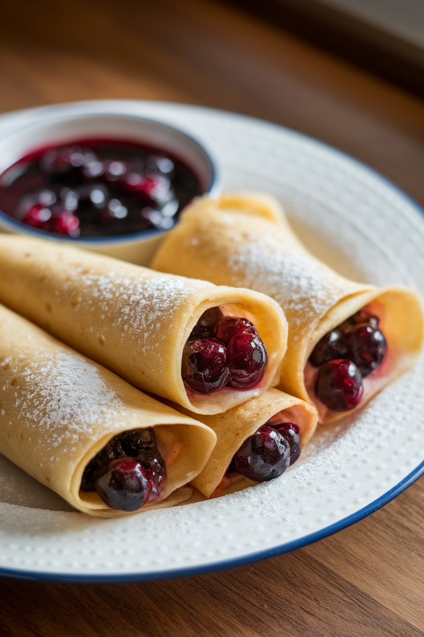 An indoor breakfast plate holding rolled gluten-free crêpes filled with warm berry compote, a dusting of powdered sugar on top, photographed at eye level. No text or logos anywhere.