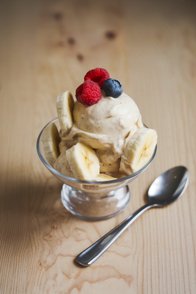 Indoor dessert bowl of smooth banana nice cream topped with a few fresh berry slices, spoon alongside. Photo only, no branding.