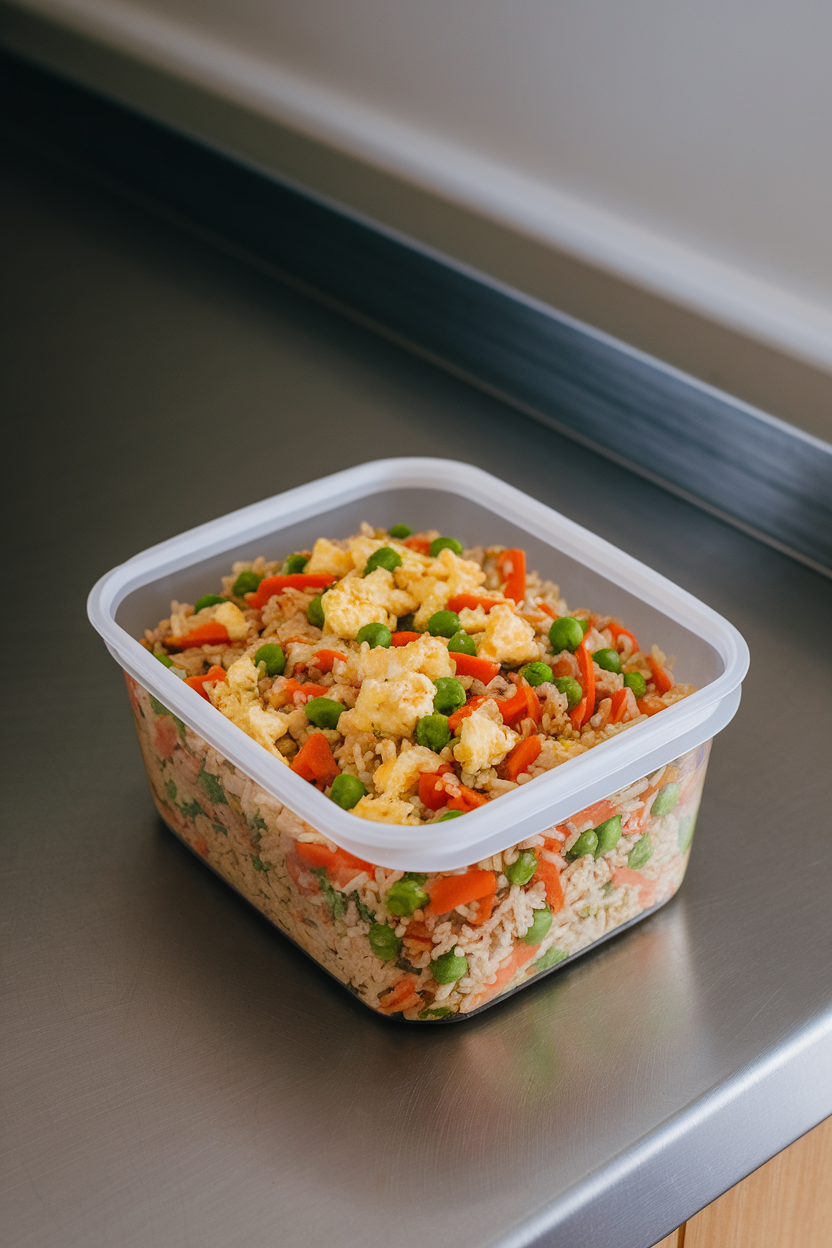 Photo of a meal prep container filled with cooked vegetable fried rice—peas, carrots, and scrambled egg visible—on an indoor countertop. No text or logos.