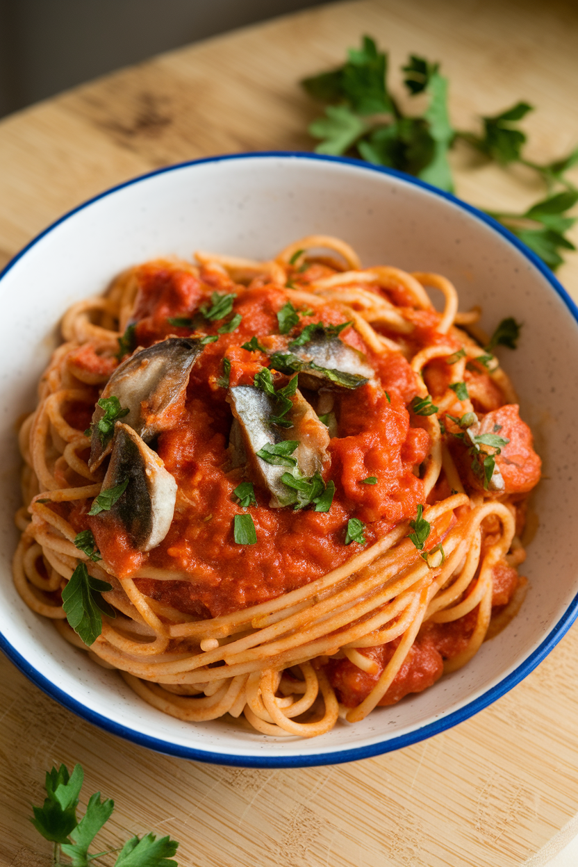 A pasta bowl indoors with whole-wheat spaghetti tossed in a chunky tomato sauce dotted with sardine pieces and parsley. No logos or text.