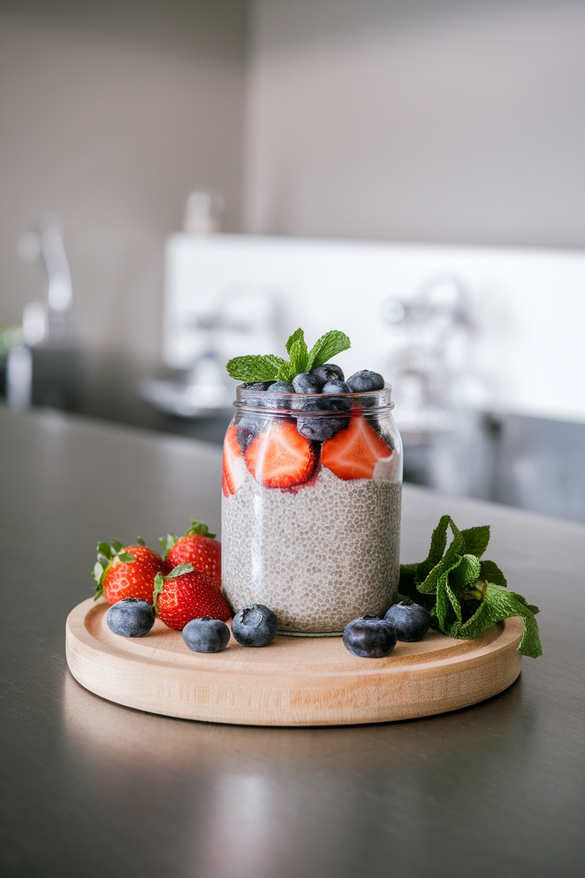 An indoor breakfast bar displaying a glass jar of chia pudding layered with strawberries, blueberries, and a sprig of mint; no text or logos.