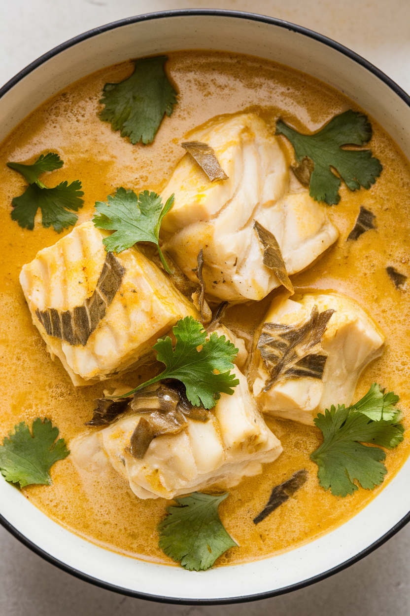 Indoor bowl of golden curry featuring cod chunks and a silky cashew cream base, garnished with cilantro. No text or logos.