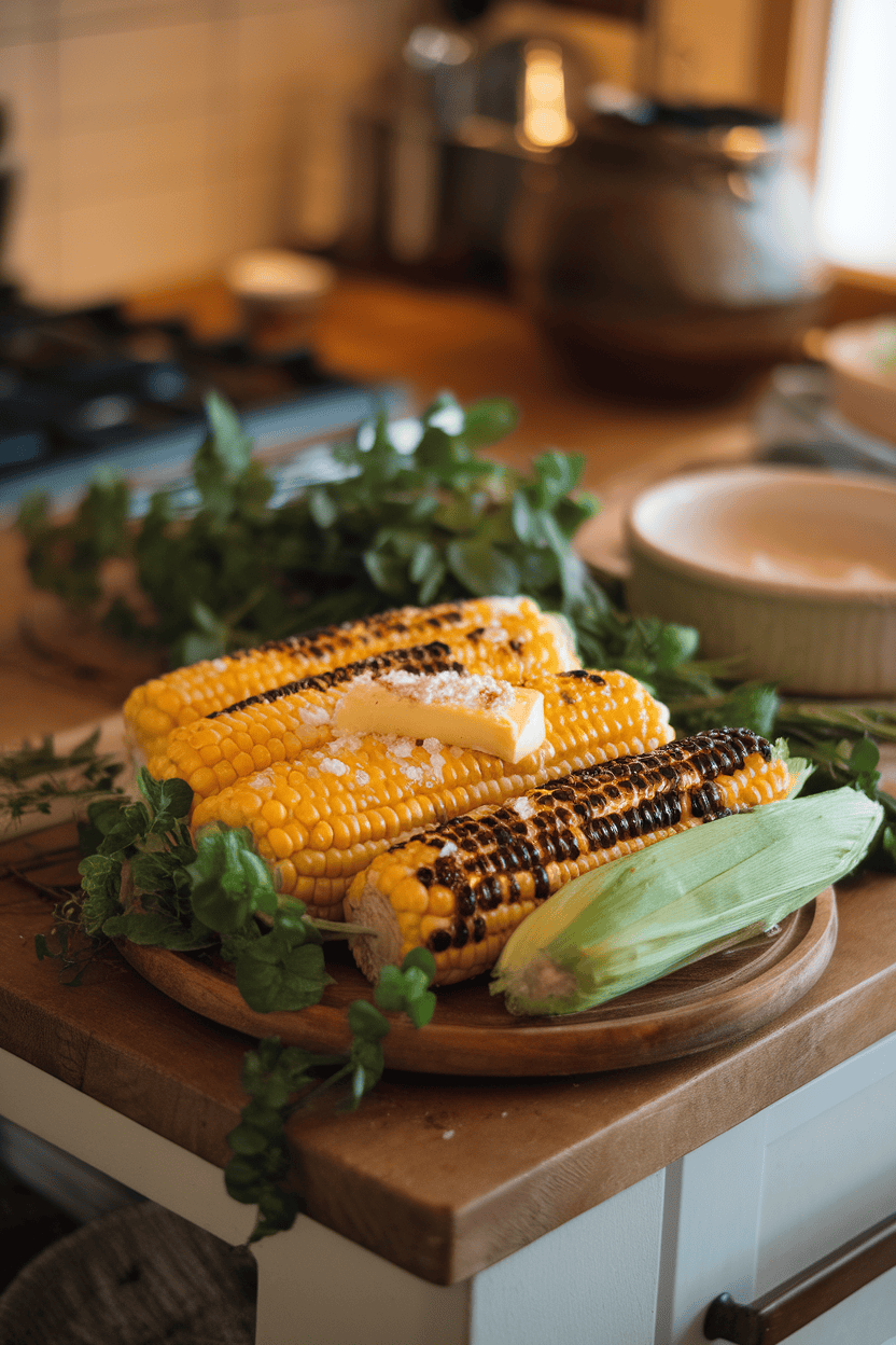 An indoor kitchen island with a platter of charred corn on the cob slathered in butter and sprinkled with flaky salt, steam rising gently. No text or logos in scene. Photo, not illustration.