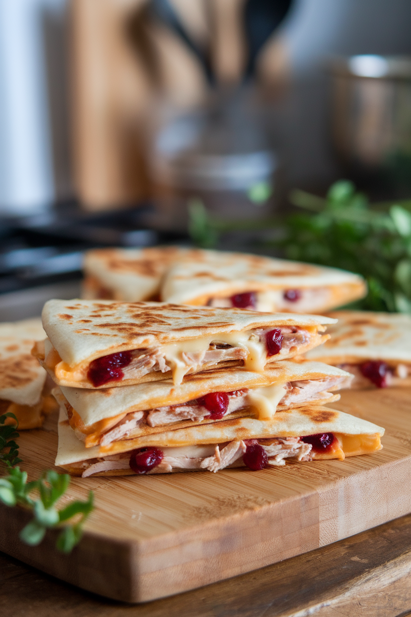 An indoor cutting board holding triangular wedges of quesadillas with melted brie, turkey shreds, and streaks of cranberry sauce, cheese pull visible. No logos or text. Photo only.