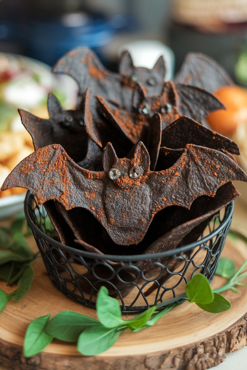 Indoor snack basket of bat-shaped black corn tortilla chips dusted with chili powder. Photo, no text or logos.