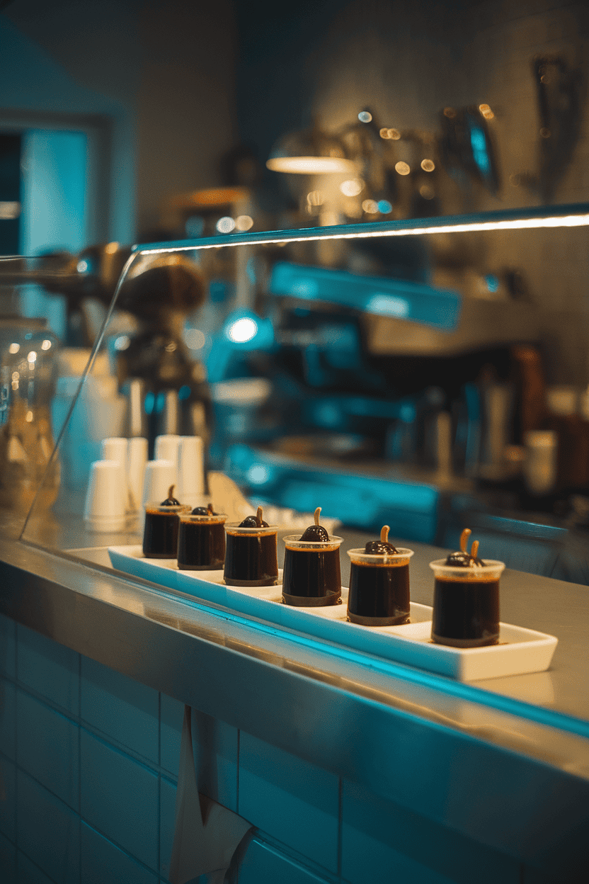Indoor café counter with dark coffee jello shots topped with three espresso beans, soft mood lighting, no branding visible