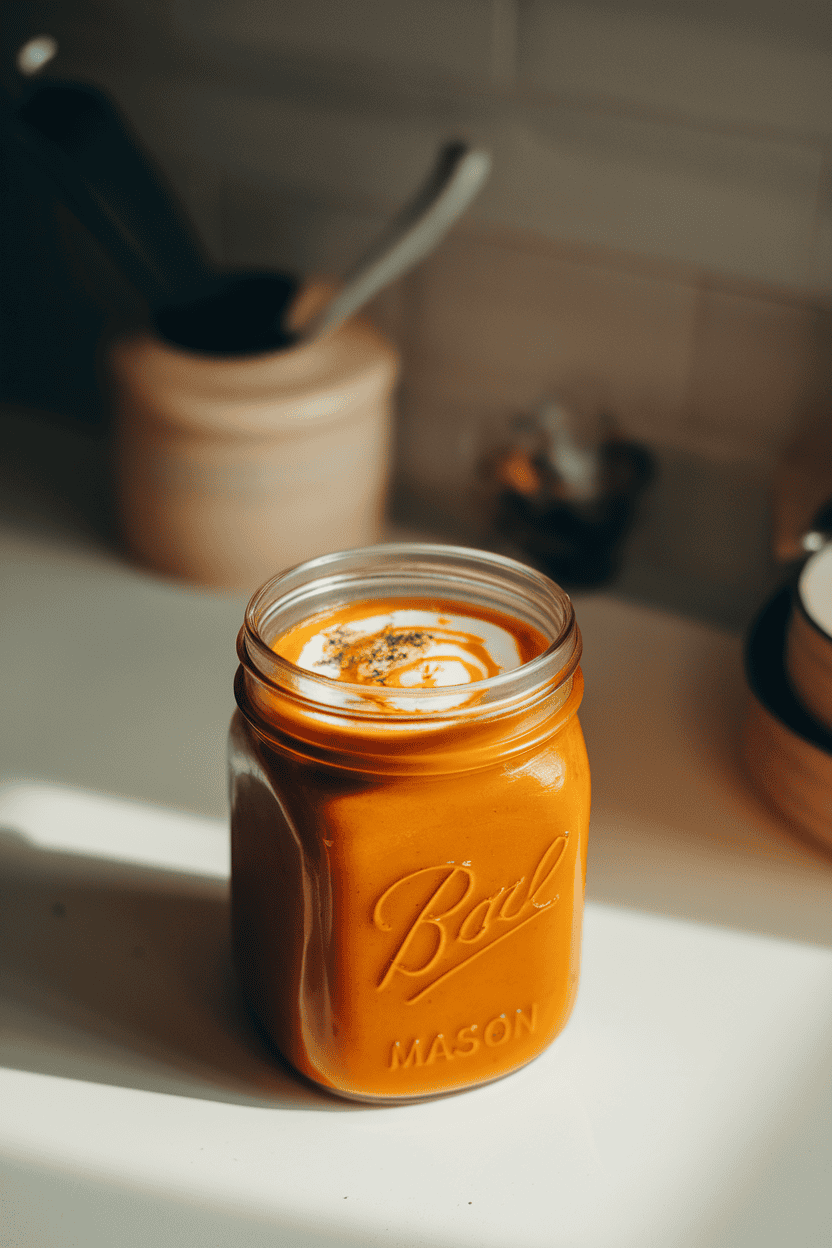 A softly lit indoor kitchen setup with a mason jar filled with bright orange carrot soup, garnished with a swirl of coconut milk and grated ginger—no logos or text in sight. Photo, not illustration.