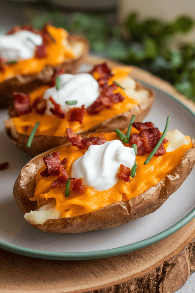 Indoor counter with crispy potato skins filled with melted cheddar, bacon bits, and sour cream dollops, chives sprinkled over. No text or logos visible. Photo, not illustration.