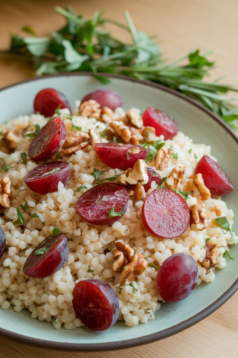 Photo of bulgur salad featuring halved red grapes and chopped walnuts on an indoor plate, herbs scattered; no text or logos.