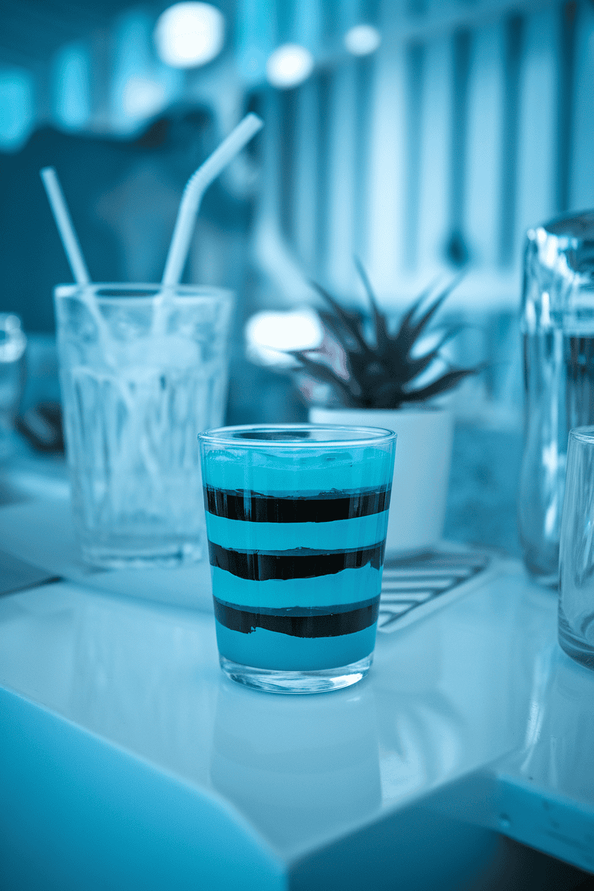 Indoor beach bar counter with layered turquoise and black jello shots swirling together, no logos