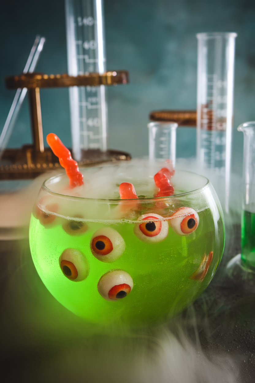 Indoor lab-themed punch bowl with bright green soda, floating lychee “eyeballs,” and gummy worms, fog from dry ice. No text or logos.
