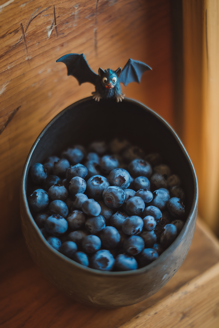 A deep oval bowl indoors brimming with frosty blueberries, a small toy bat perched on the rim. No text or logos.