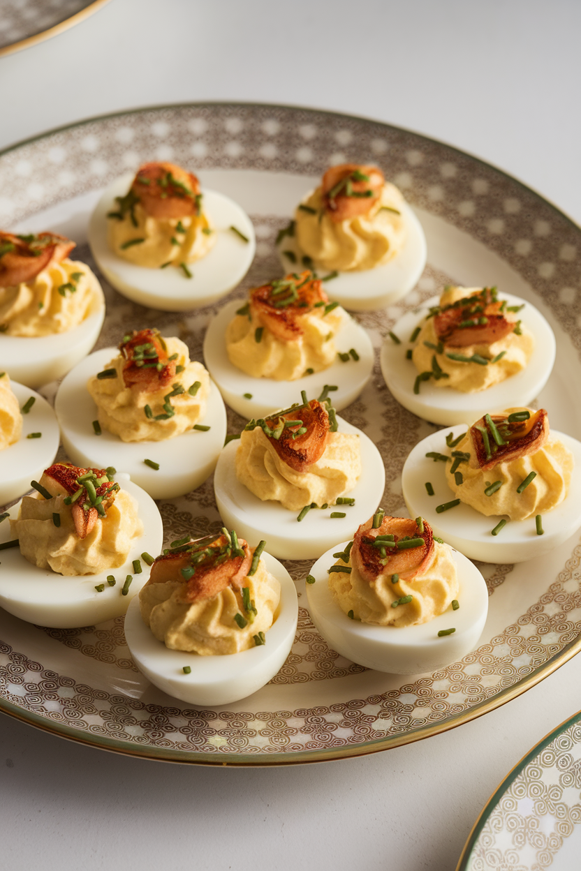 Indoor photo of deviled eggs topped with bits of roasted garlic and chives on a classic egg plate; no text or logos.