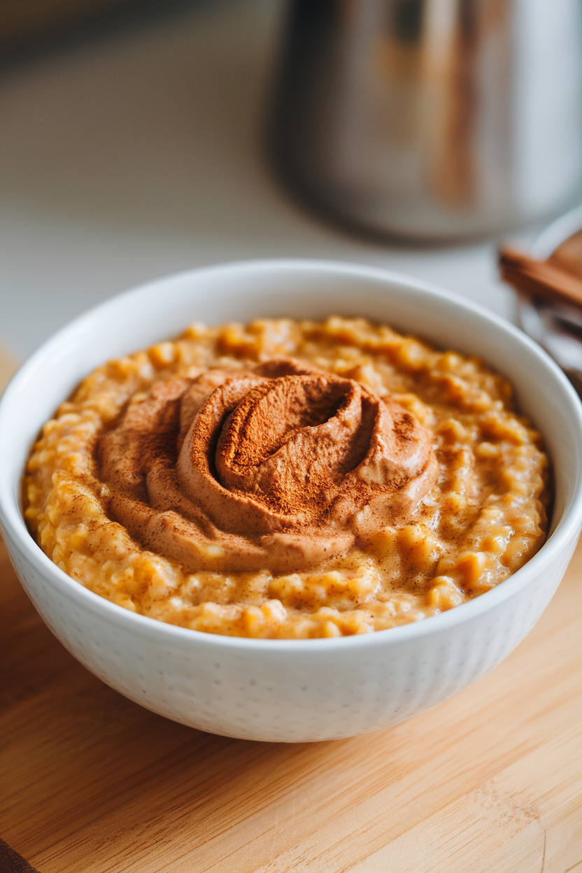 Indoor breakfast bowl of oatmeal blended with pumpkin purée, topped with a dusting of cinnamon and a drizzle of almond butter. No text or logos; photo only.