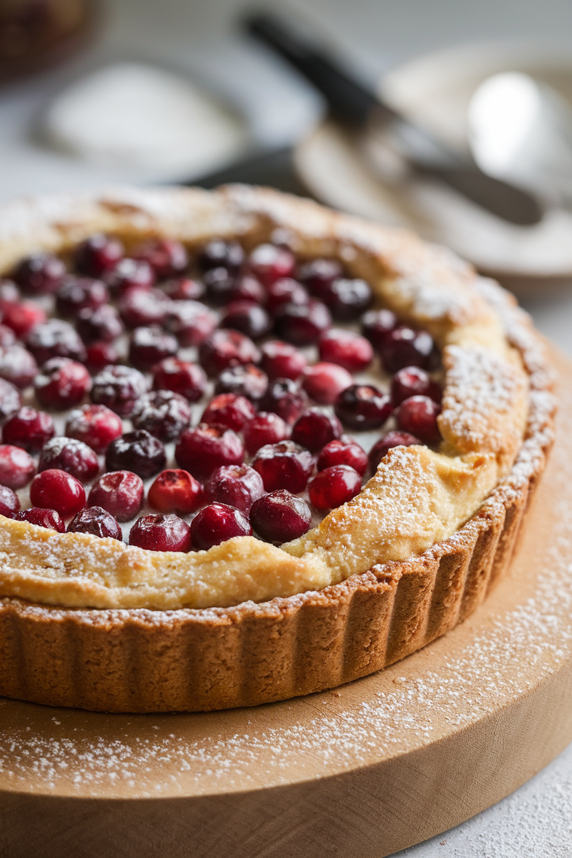 Indoor photo of an almond frangipane tart studded with whole cranberries, lightly dusted with powdered sugar. No text or logos.