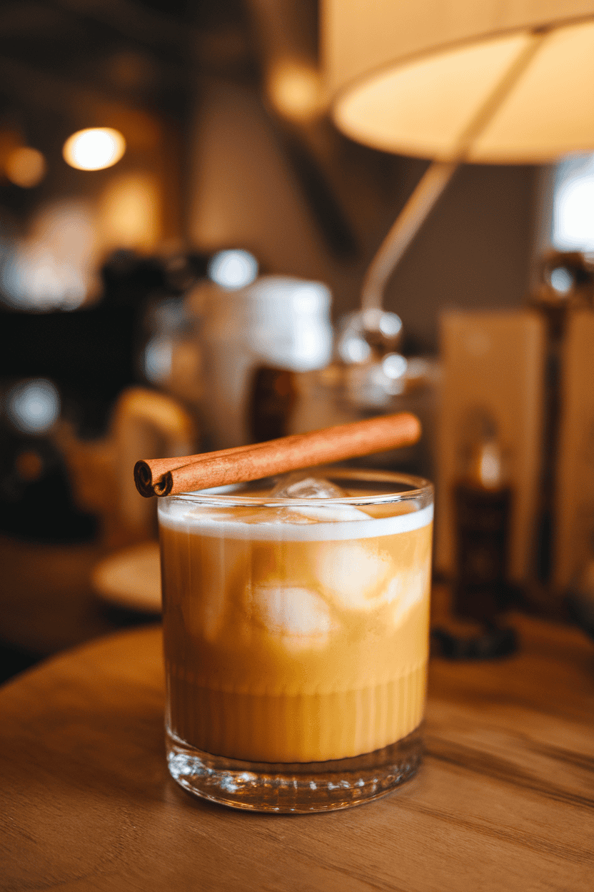 Warm indoor coffee-house vibe with an old-fashioned glass of creamy pumpkin-colored cocktail over ice, cinnamon stick resting across the top; no logos or text, photo only.