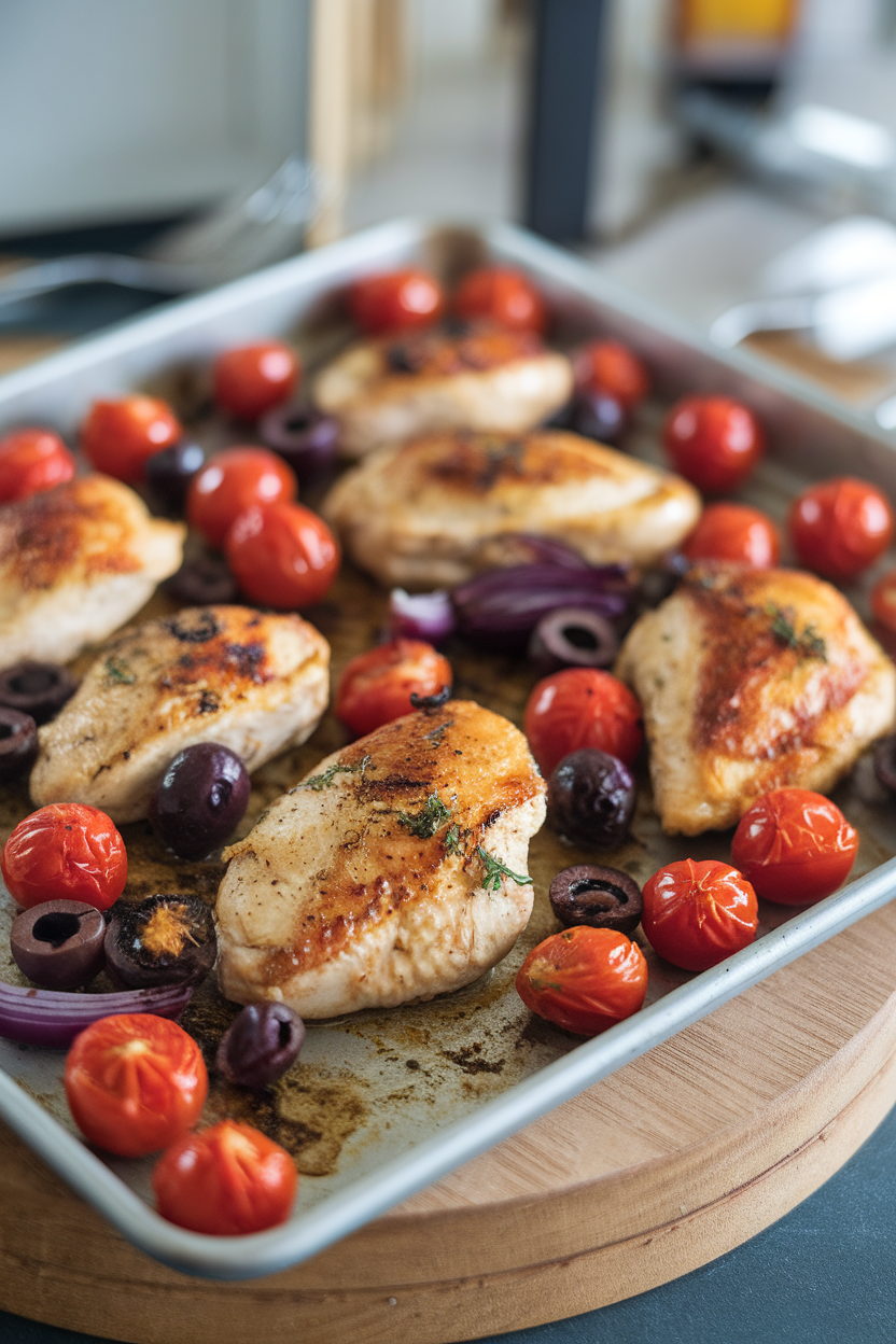 Indoor sheet pan with chicken breast pieces, cherry tomatoes, olives, and red onion, sprinkled with oregano. No logos, photo.
