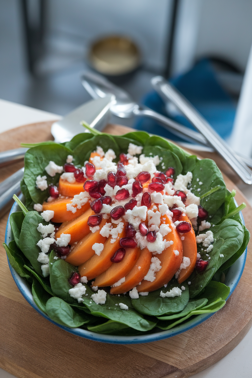 Indoor photo of baby spinach leaves layered with fanned persimmon slices, crumbled feta, and pomegranate seeds in a shallow dish; no text or logos.