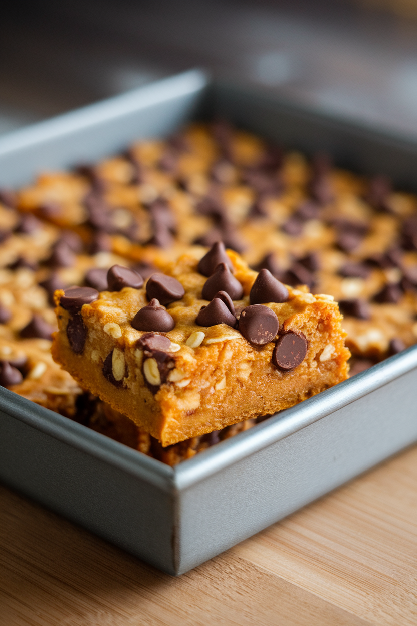 An indoor square baking pan filled with pumpkin oatmeal bars, corner piece lifted to reveal chocolate chips throughout the soft orange interior. No text or logos.