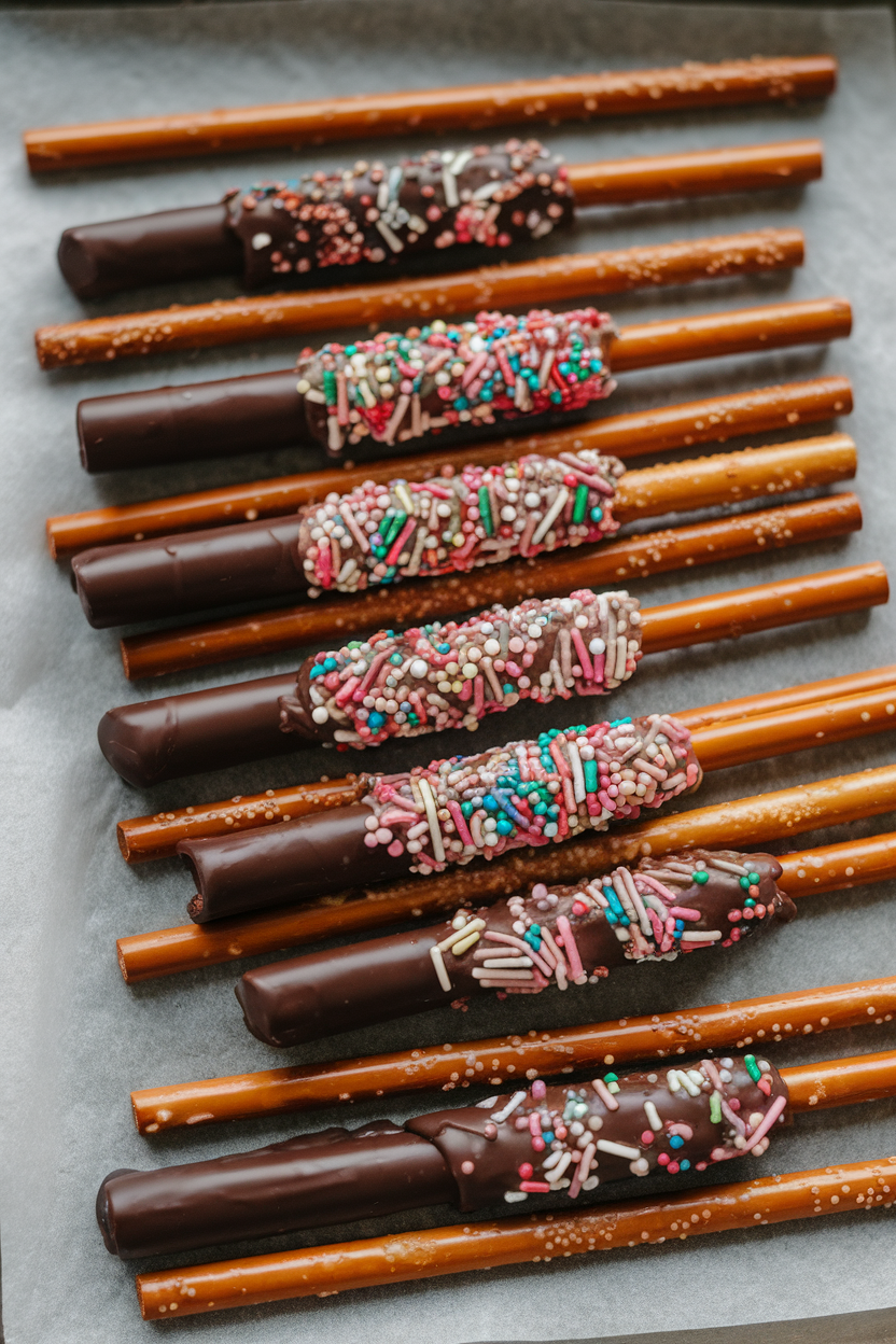 Indoor photo of pretzel rods half-dipped in dark chocolate, some coated with sprinkles, laid on parchment to set. No text or logos.
