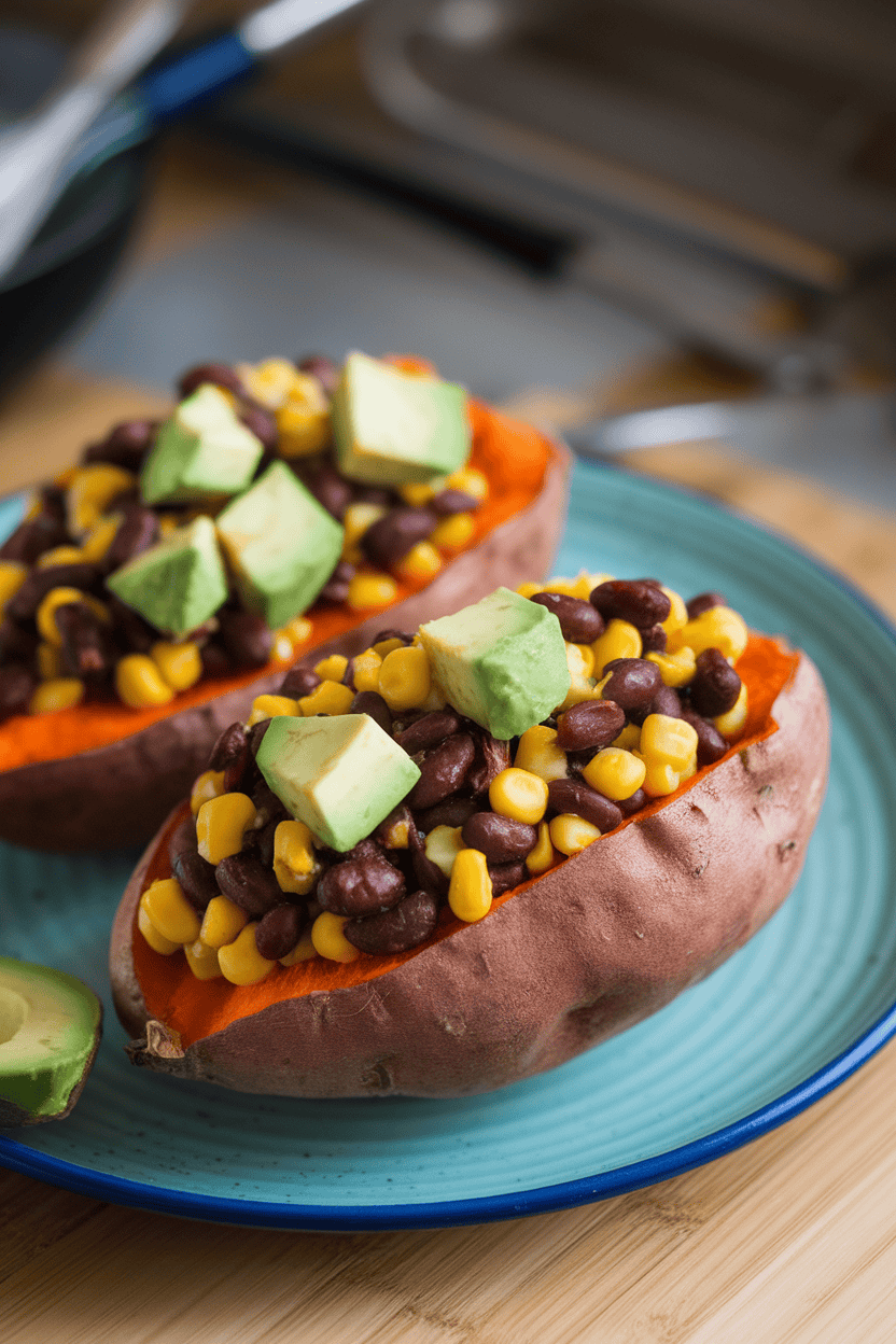 An indoor plate with halved cooked sweet potatoes overflowing with black bean and corn filling, avocado cubes on top. No text or logos.