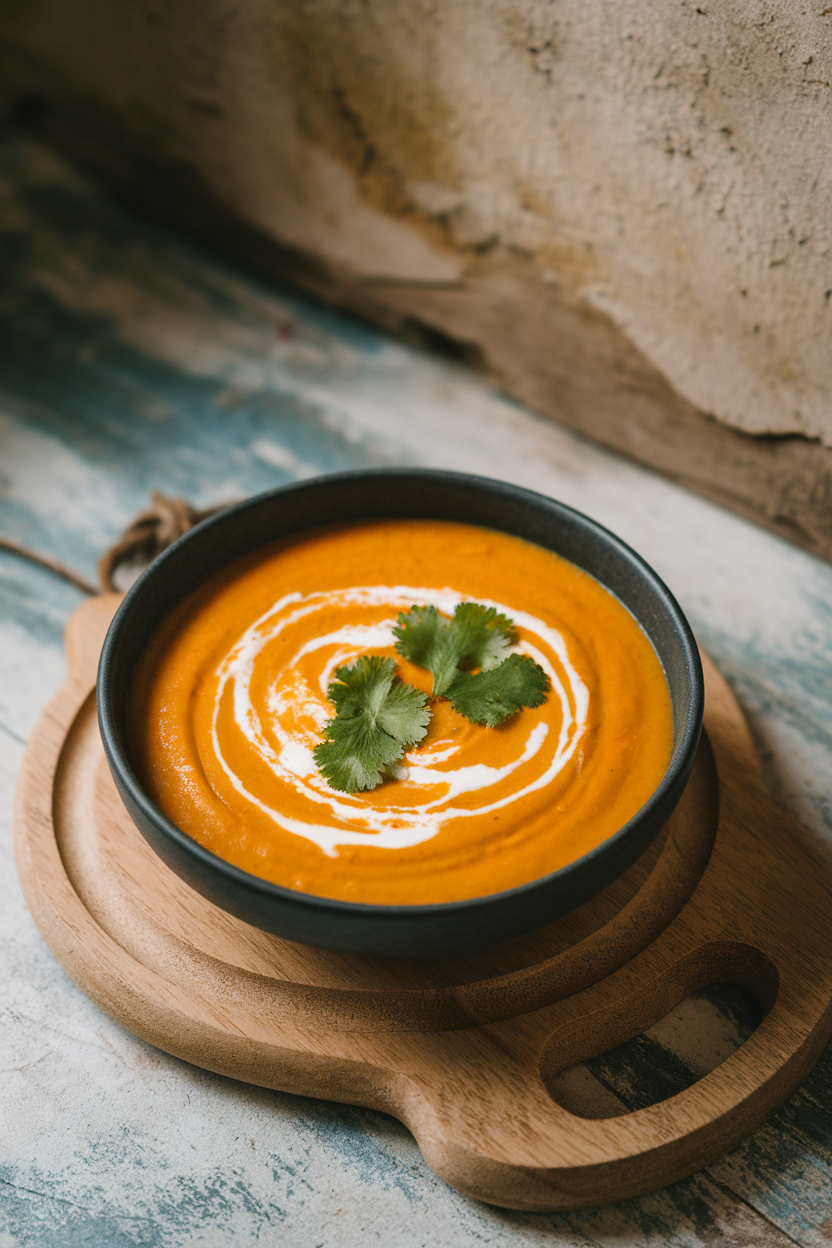 Indoor photo of a bowl of bright orange creamy soup garnished with coconut milk swirl and cilantro leaves. No logos or text.