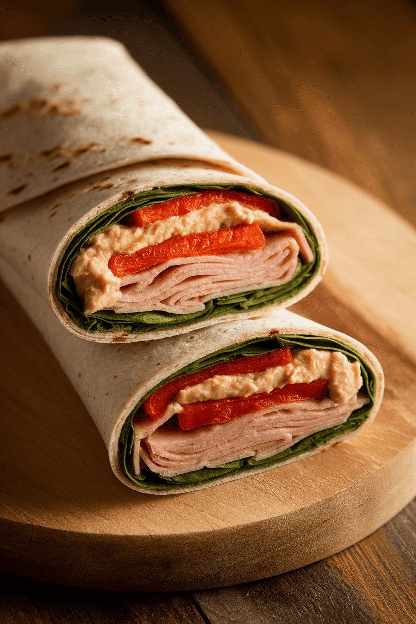 An indoor photo of a sliced whole-wheat wrap revealing turkey, hummus, baby spinach, and roasted red pepper strips on a wooden board. Soft window light, no logos.