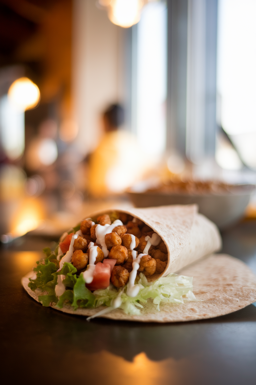 A warmly lit indoor counter displaying a whole-wheat wrap piled with spiced roasted chickpeas, shredded lettuce, diced tomato, and a drizzle of yogurt sauce. No visible logos or text.