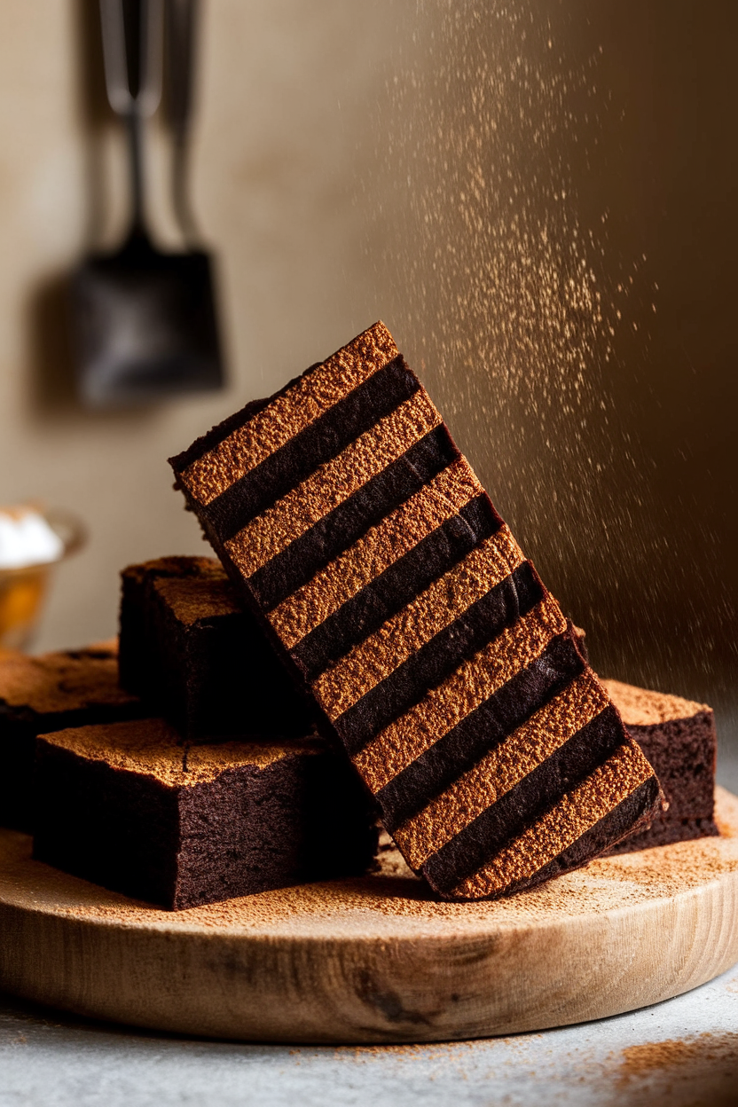 Indoor photo of dark brownies dusted diagonally with chai-spiced powdered sugar creating dramatic shadow lines; no text or logos