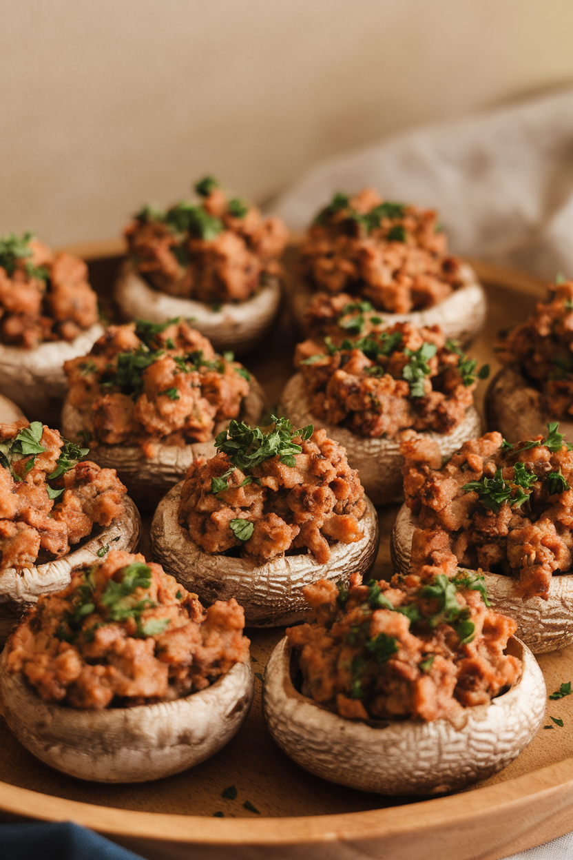Photo of baked mushroom caps overflowing with sausage filling, garnished with chopped parsley, taken indoors. No text or logos.