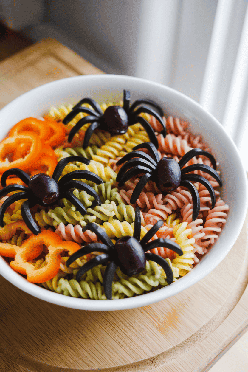 A brightly lit indoor bowl of tri-color rotini salad, dotted with sliced black olives shaped into spiders, and orange bell pepper rings for contrast. No text or logos; photograph.
