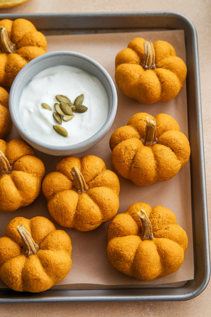 Photo of pumpkin-shaped falafel balls on an indoor tray with a yogurt dipping bowl, no text or logos.