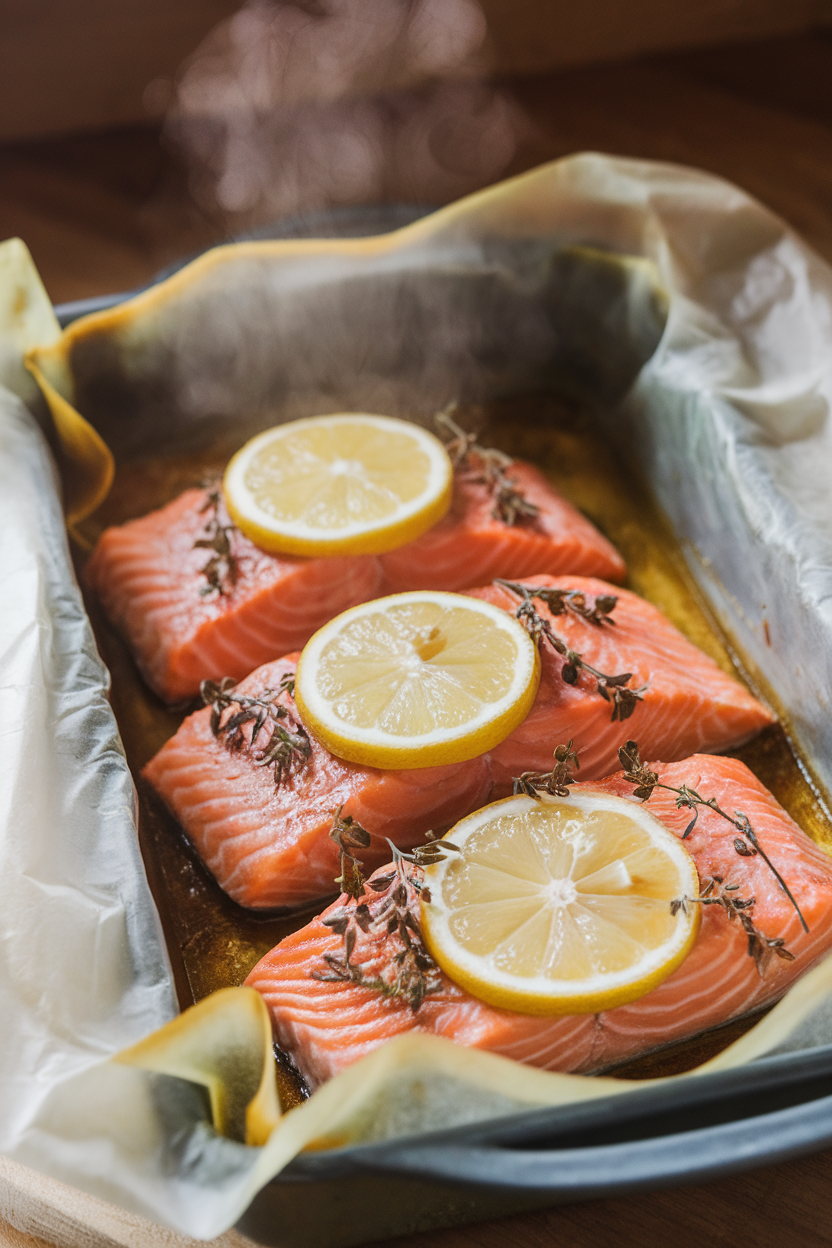 Indoor photo of a parchment-lined baking dish with cooked salmon fillets topped with lemon slices and herbs, steam rising; no text or logos