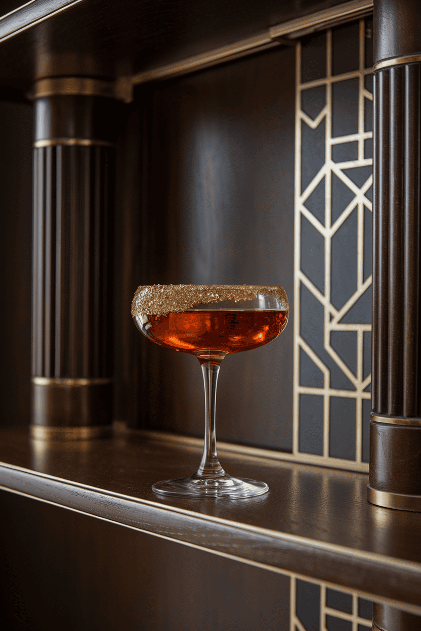 Indoor art-deco bar shelf with coupe glass of dark amber sidecar, sugared half-rim catching light; no text or logos.