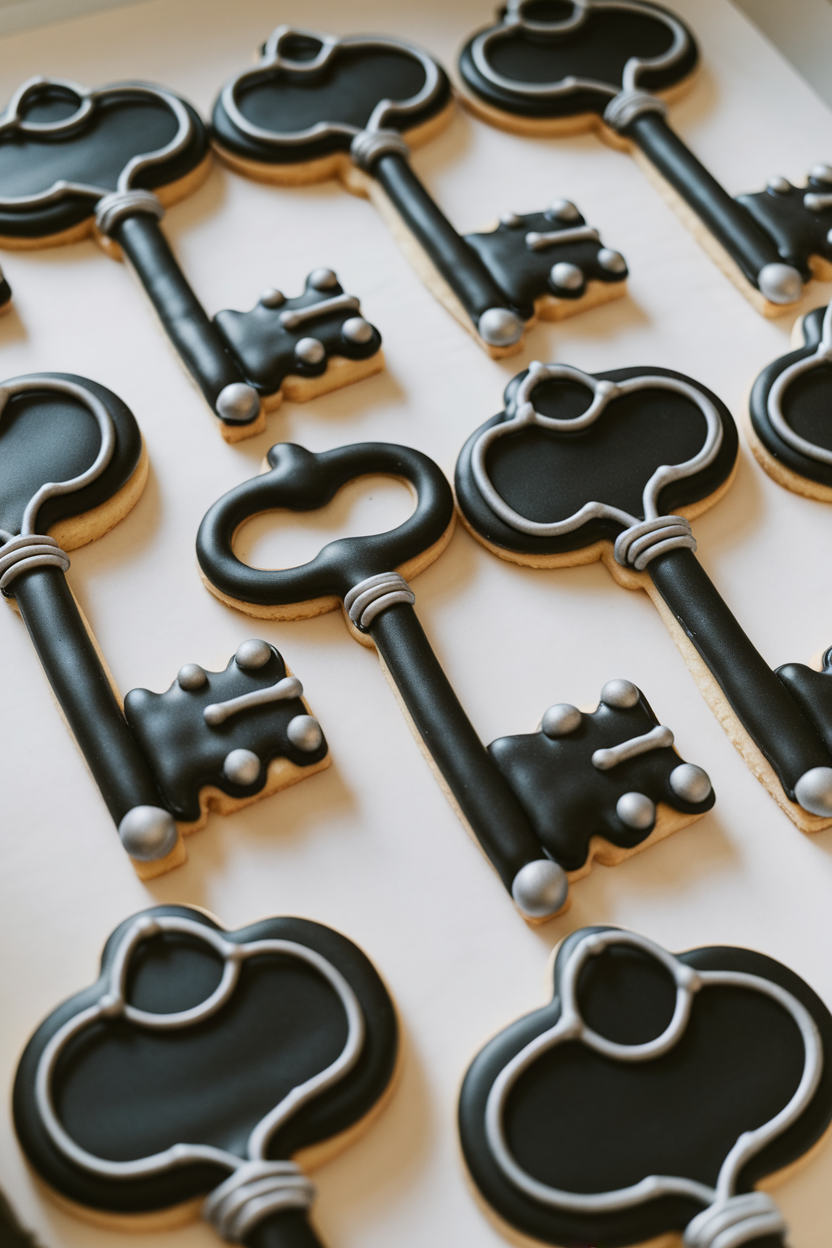 Indoor photo of antique key-shaped cookies in matte black icing with silver metallic accents, no text or logos.