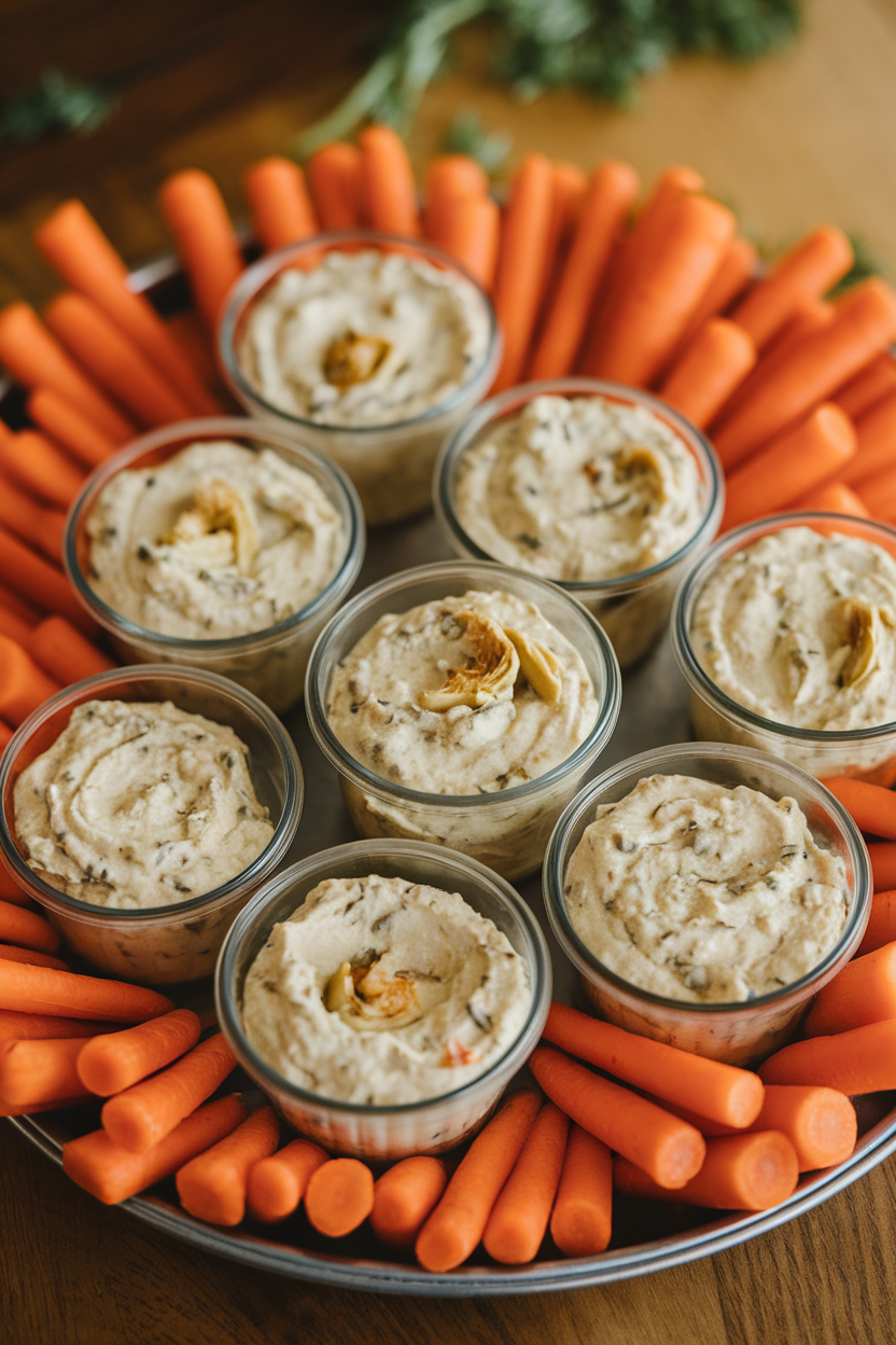 Photo, indoor tray of small containers filled with creamy white bean artichoke dip, surrounded by carrot sticks; no text or logos.